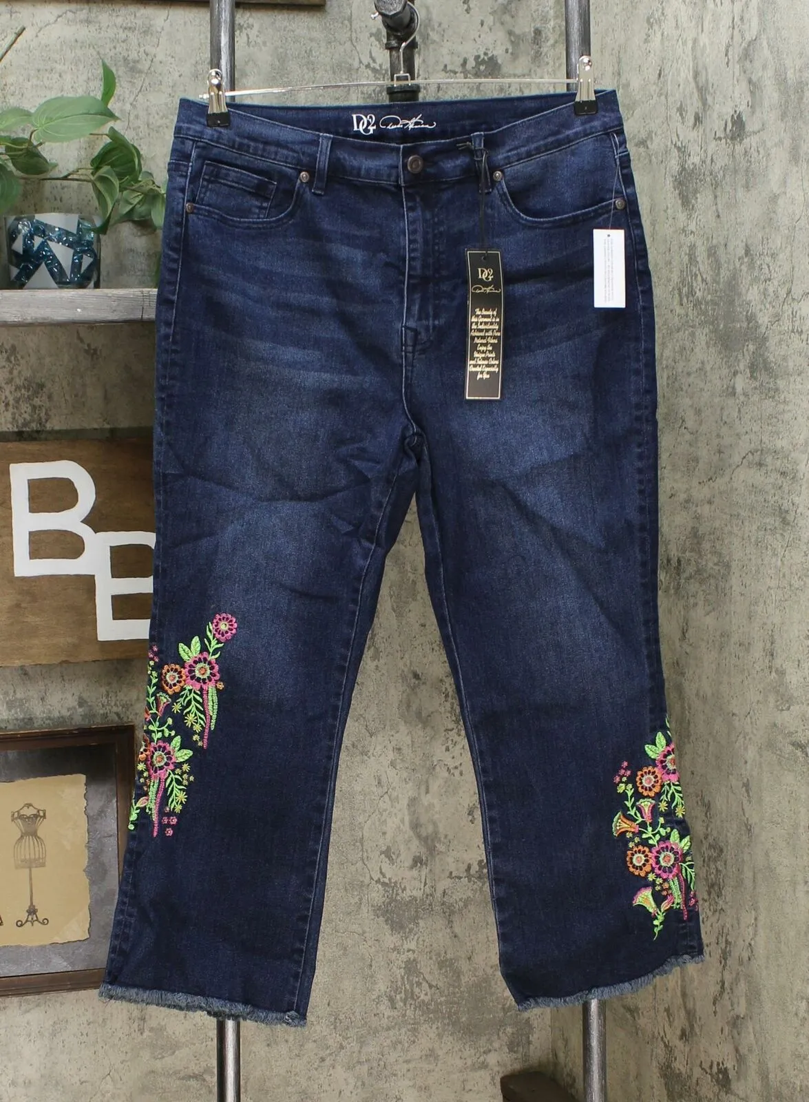 DG2 by Diane Gilman Women's Neon Embroidered Kick Flare Crop Jeans