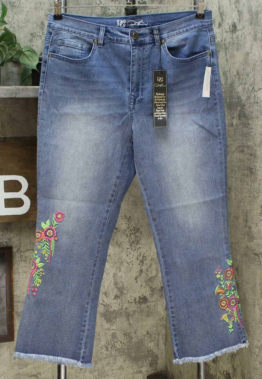 DG2 by Diane Gilman Women's Neon Embroidered Kick Flare Crop Jeans