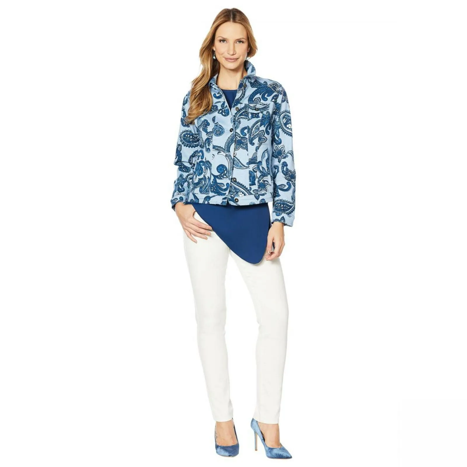 DG2 by Diane Gilman Women's Plus Size Virtual Stretch Printed Denim Jacket