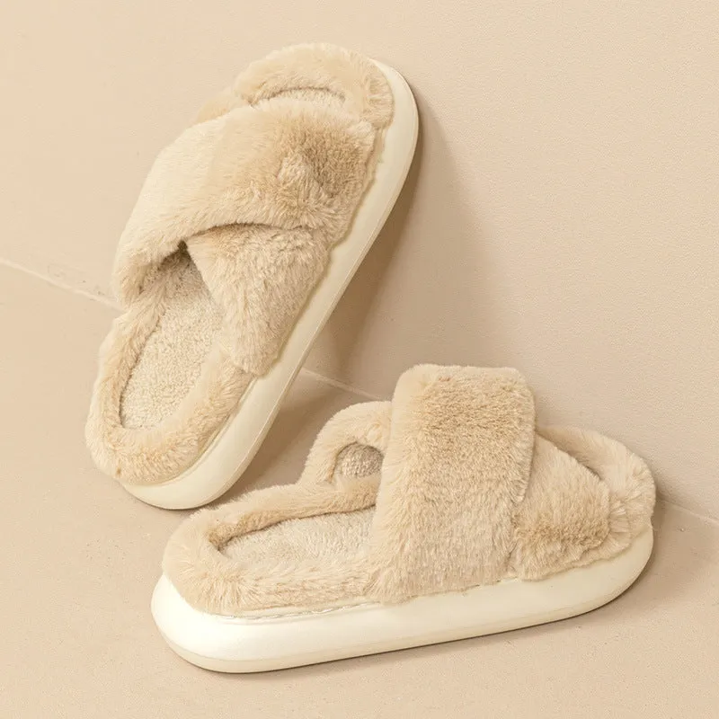 Fashion Cross Fluffy Slippers Women