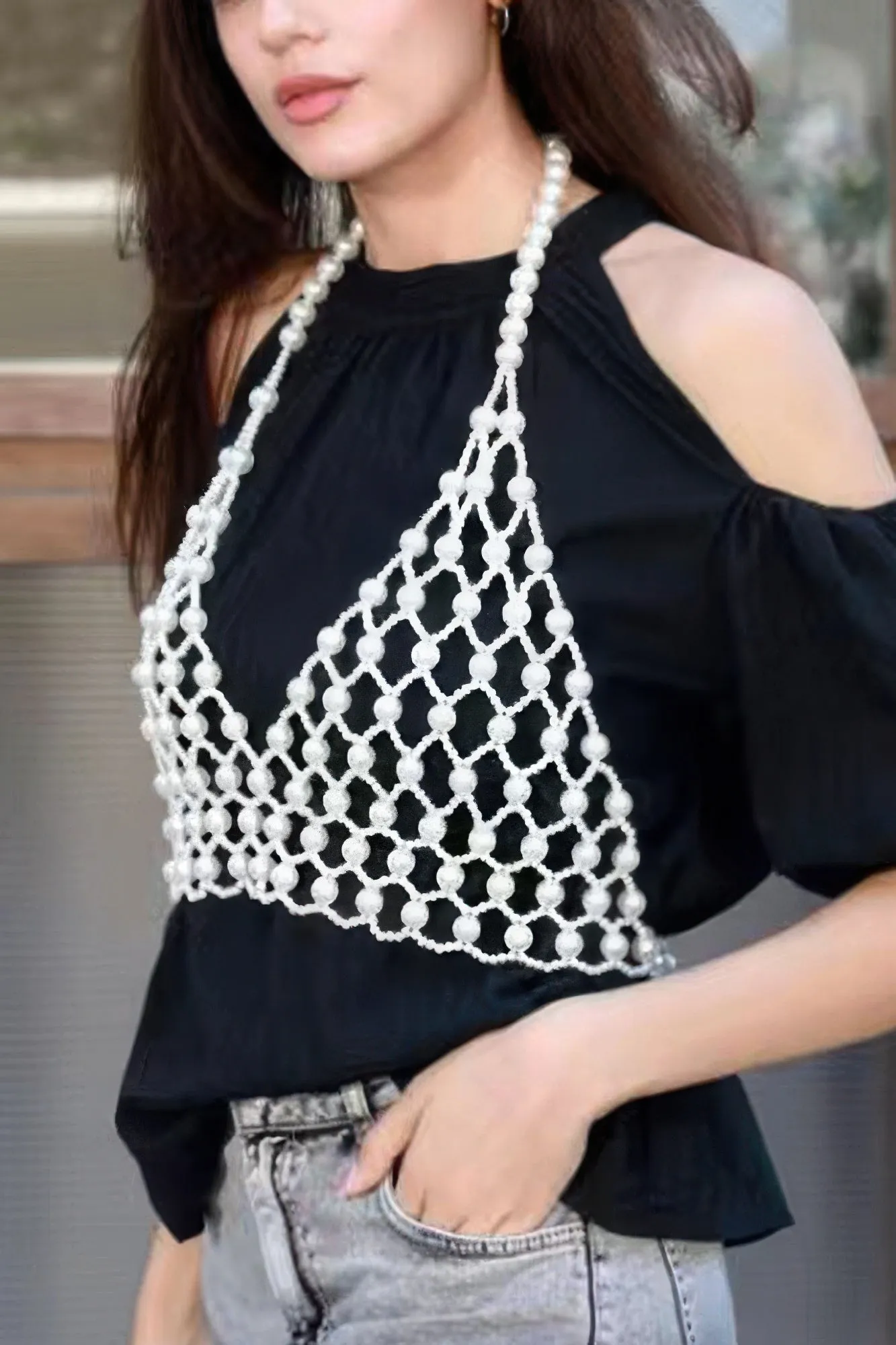 Faux Pearl Halter Neck Top