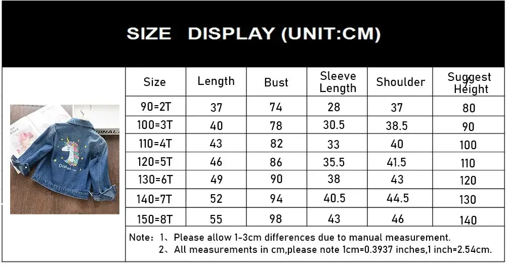 Girls Fashion Cartoon Unicorn Denim Jacket