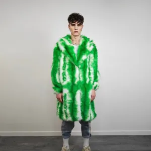 Green tie-dye coat faux fur neon shaggy trench abstract pattern overcoat bright rave bomber detachable festival jacket acid salad peacoat