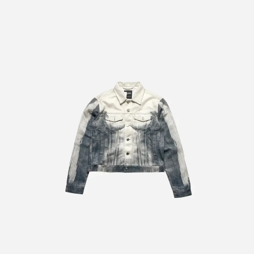 Grunge Striped Printed Washed Denim Jacket