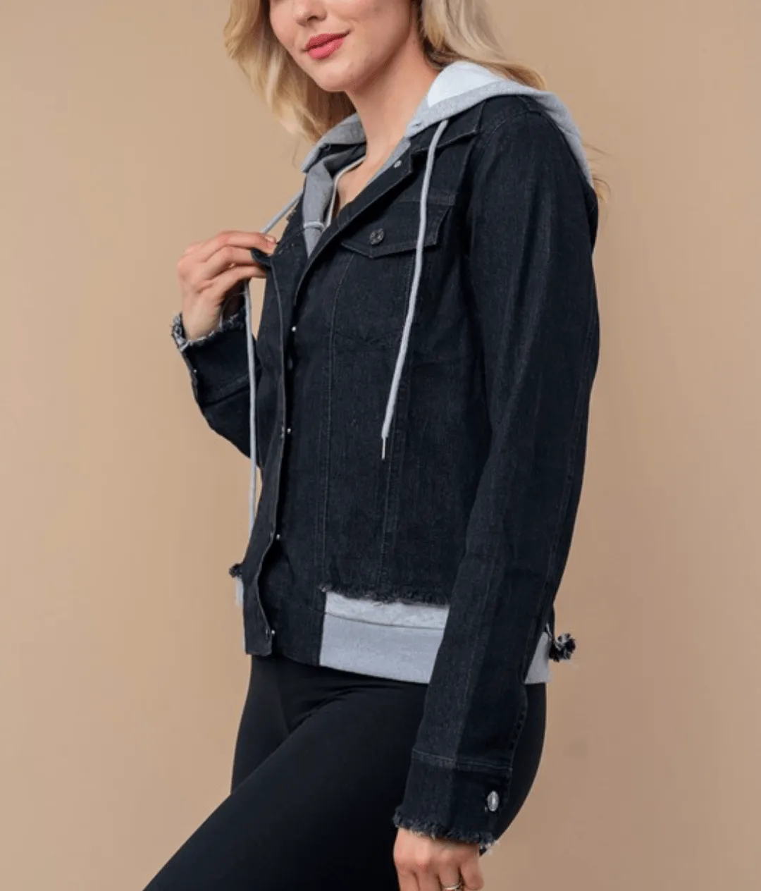 Harley Hooded Sweatshirt Denim Jacket in Faded Black