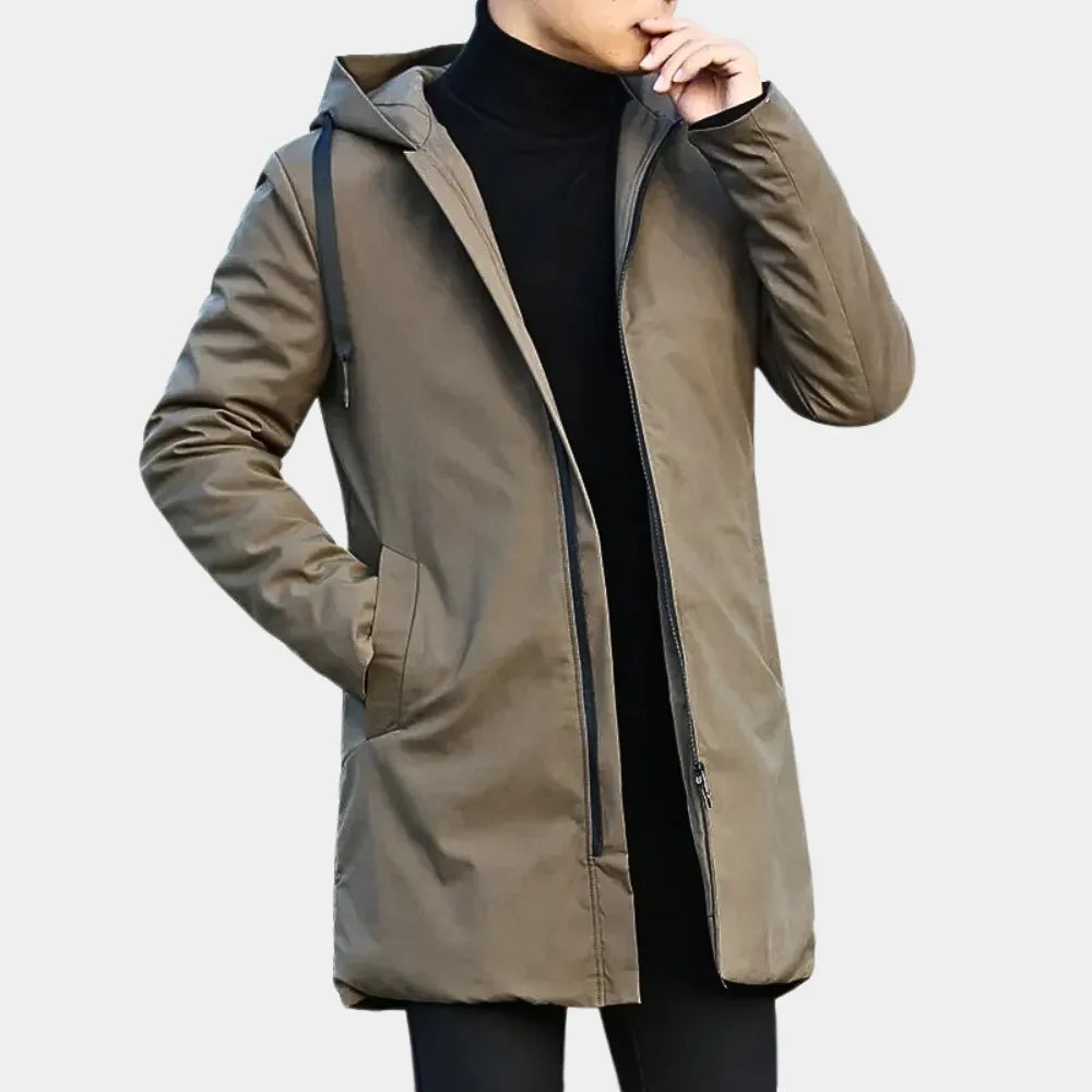 Hooded Noir™ | Men's Black Coat | Warm Fabric, Front Pockets & Adjustable Hood