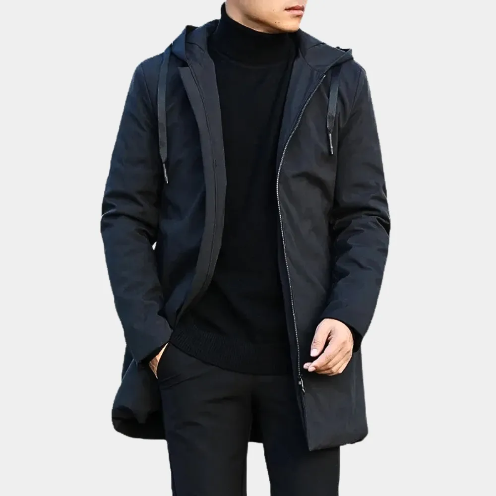 Hooded Noir™ | Men's Black Coat | Warm Fabric, Front Pockets & Adjustable Hood