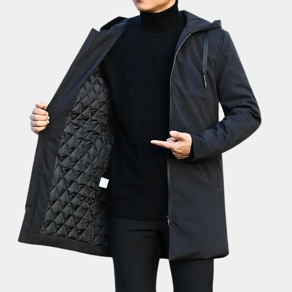Hooded Noir™ | Men's Black Coat | Warm Fabric, Front Pockets & Adjustable Hood