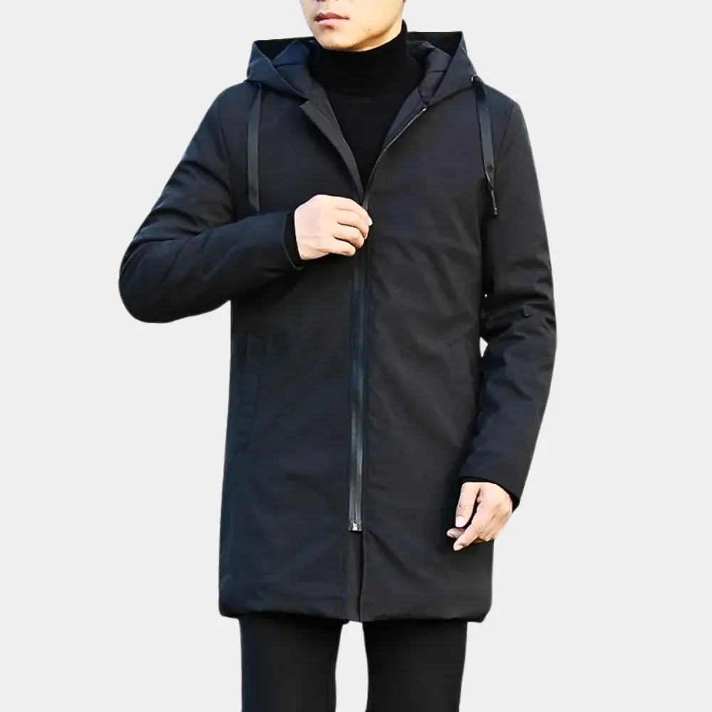 Hooded Noir™ | Men's Black Coat | Warm Fabric, Front Pockets & Adjustable Hood