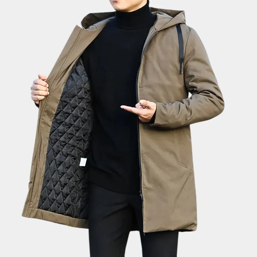 Hooded Noir™ | Men's Black Coat | Warm Fabric, Front Pockets & Adjustable Hood