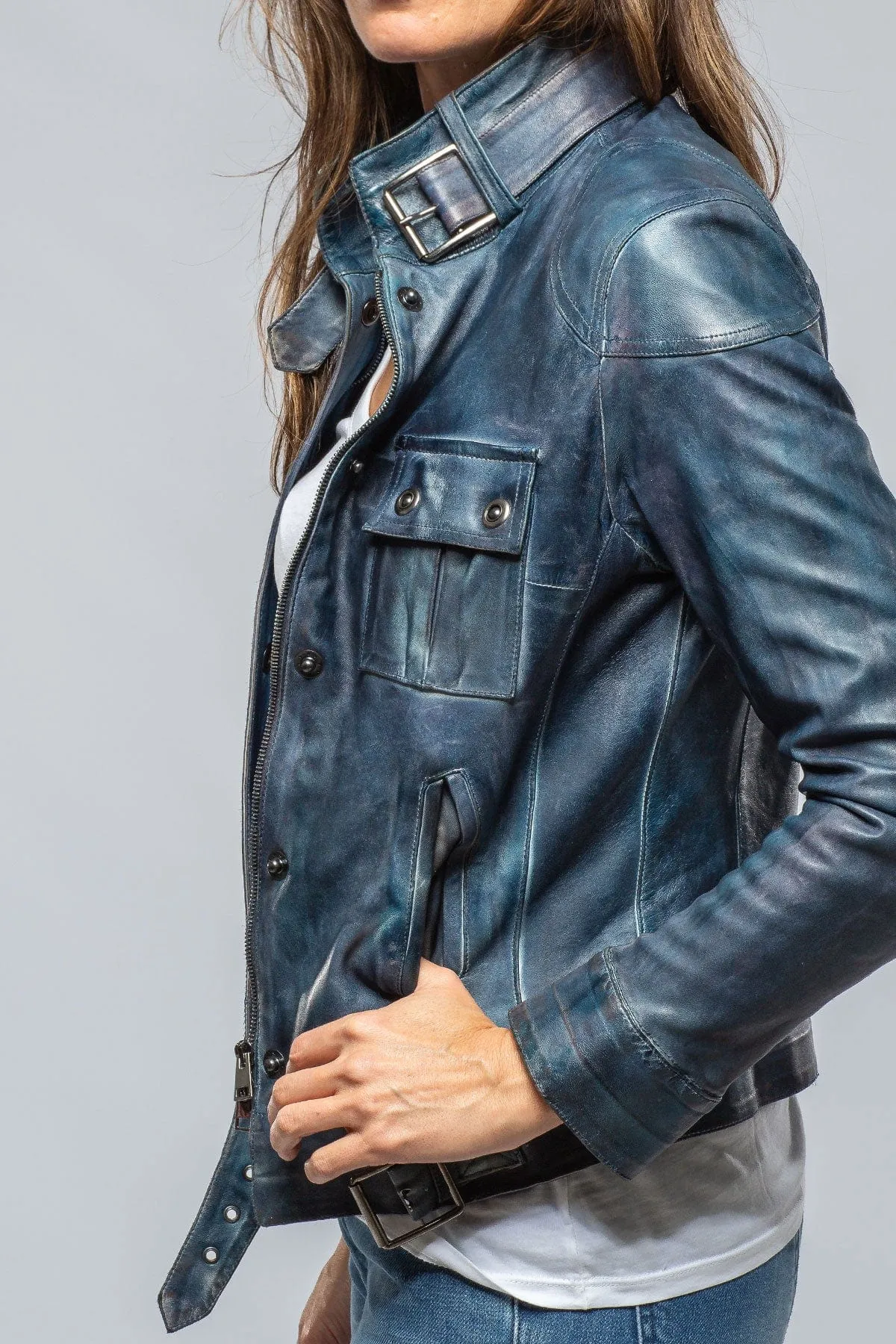 Journey Stonewash Leather Moto In Vintage Denim