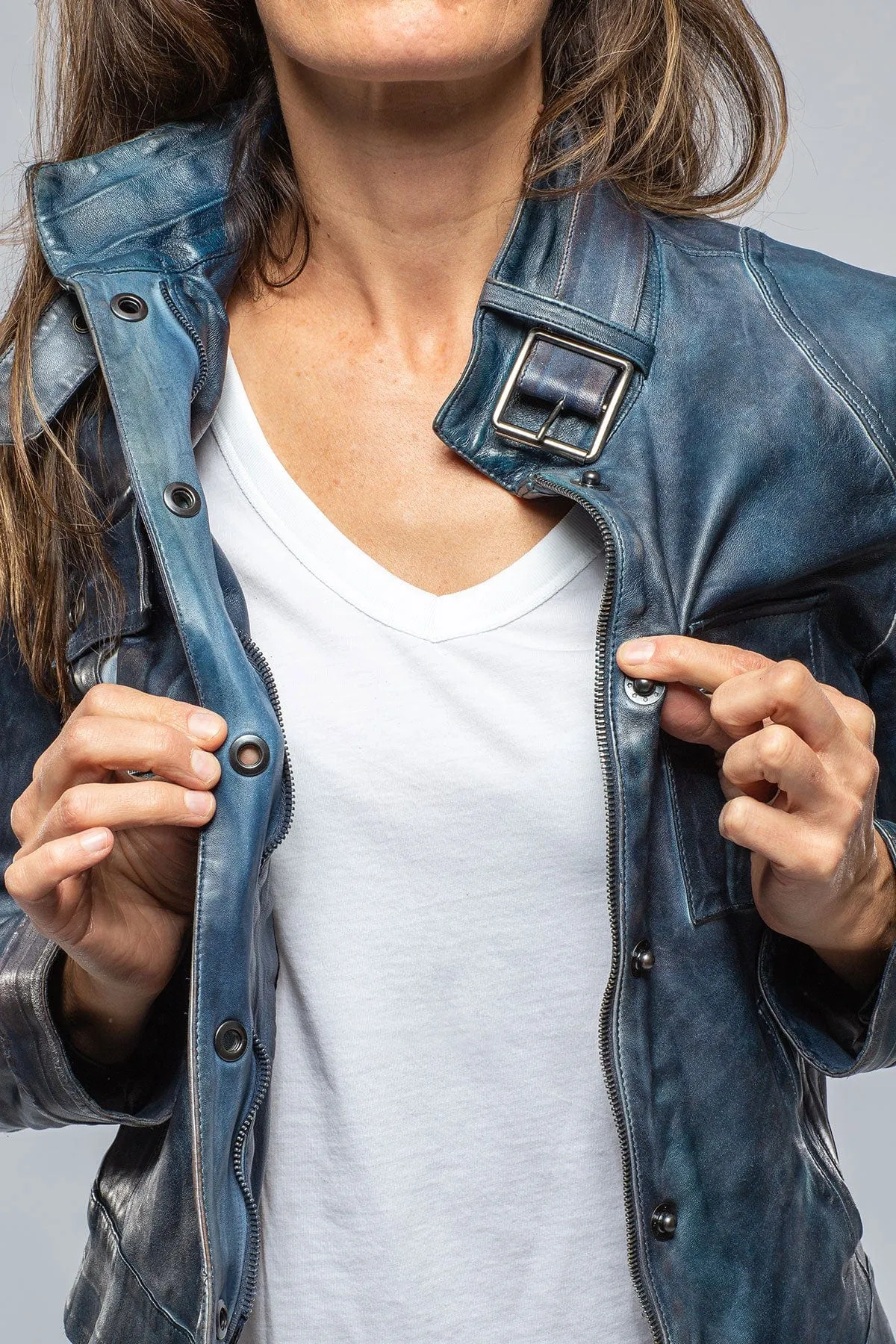 Journey Stonewash Leather Moto In Vintage Denim