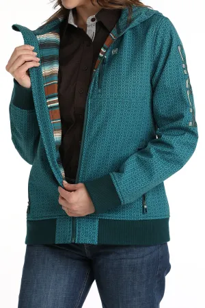 LADIES TEAL PRINT BONDED HOODED JACKET