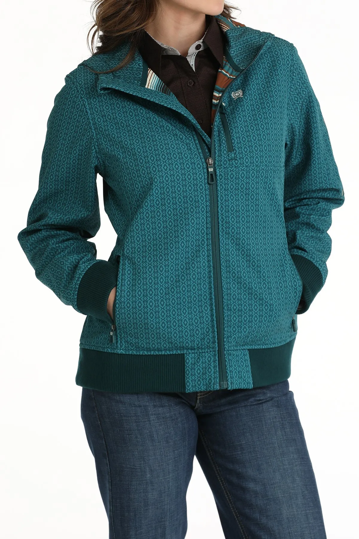 LADIES TEAL PRINT BONDED HOODED JACKET
