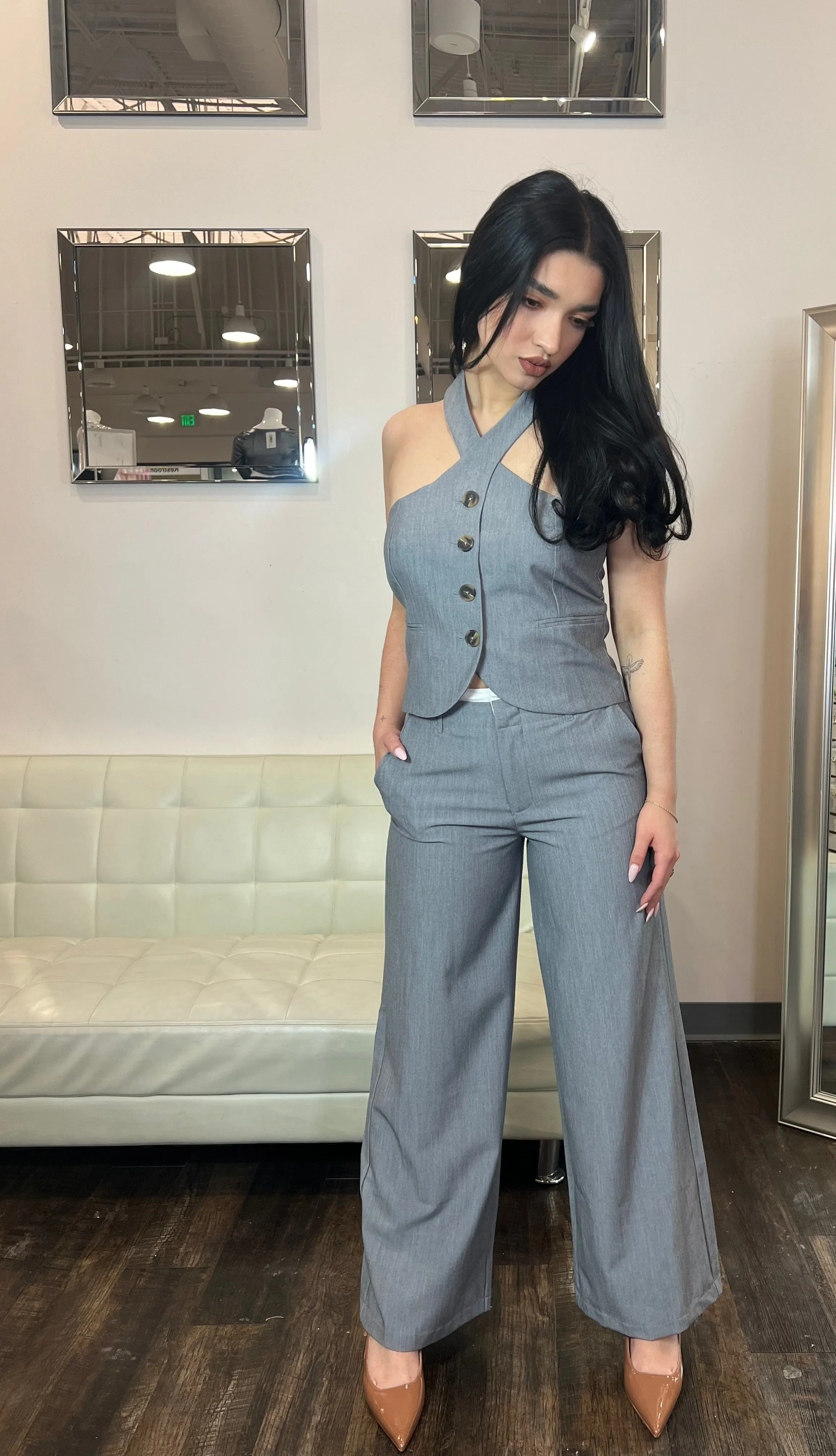 Leah Buttoned Halter Vest Grey