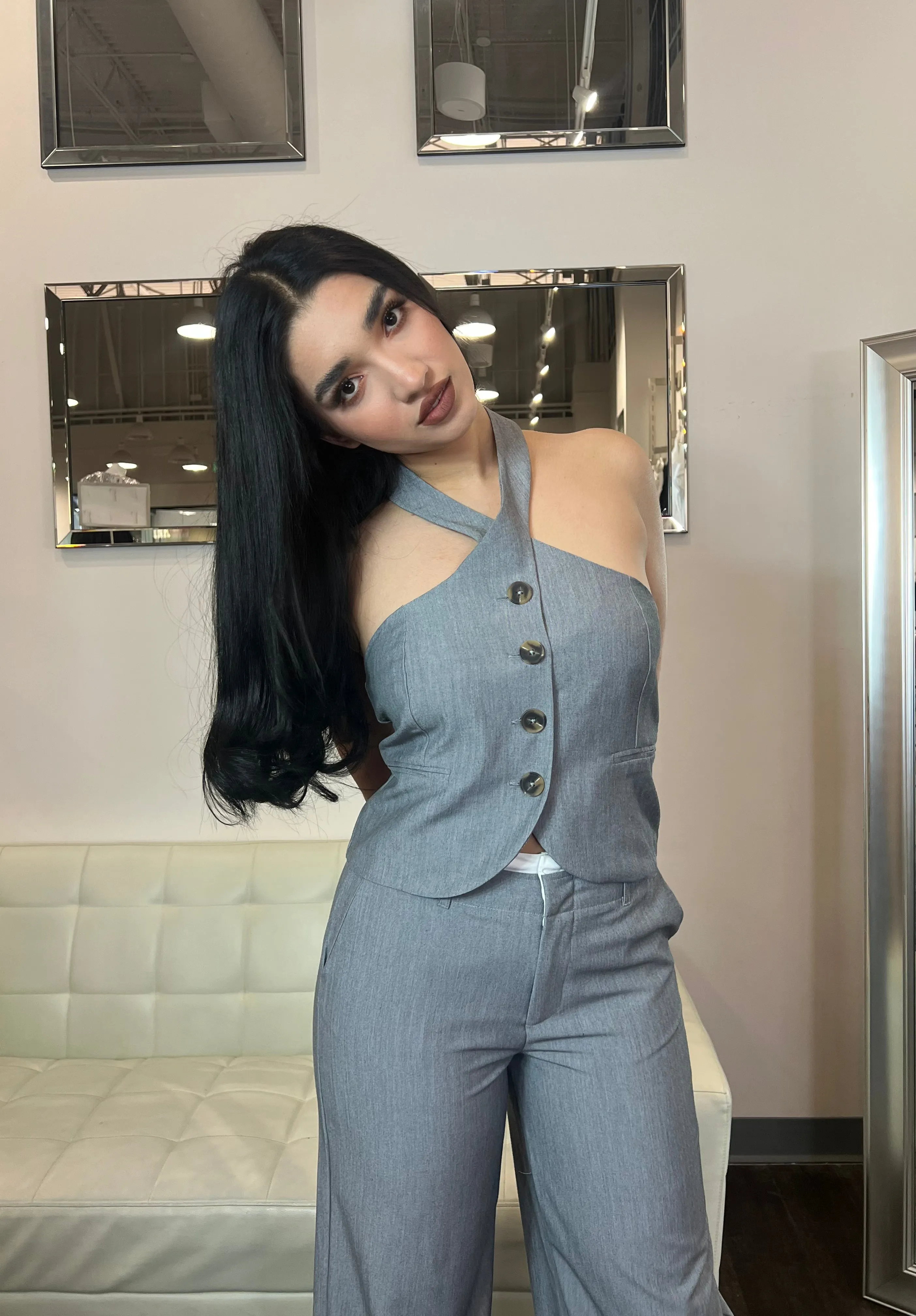 Leah Buttoned Halter Vest Grey