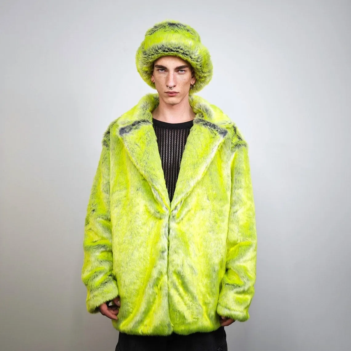 Luminous faux fur coat neon green trench oversize lemon jacket festival overcoat fluorescent peacoat rave bomber psychedelic party fleece