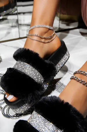 Luxury Designer Women Fur Rhinestone Slippers Platform Wedges Heel