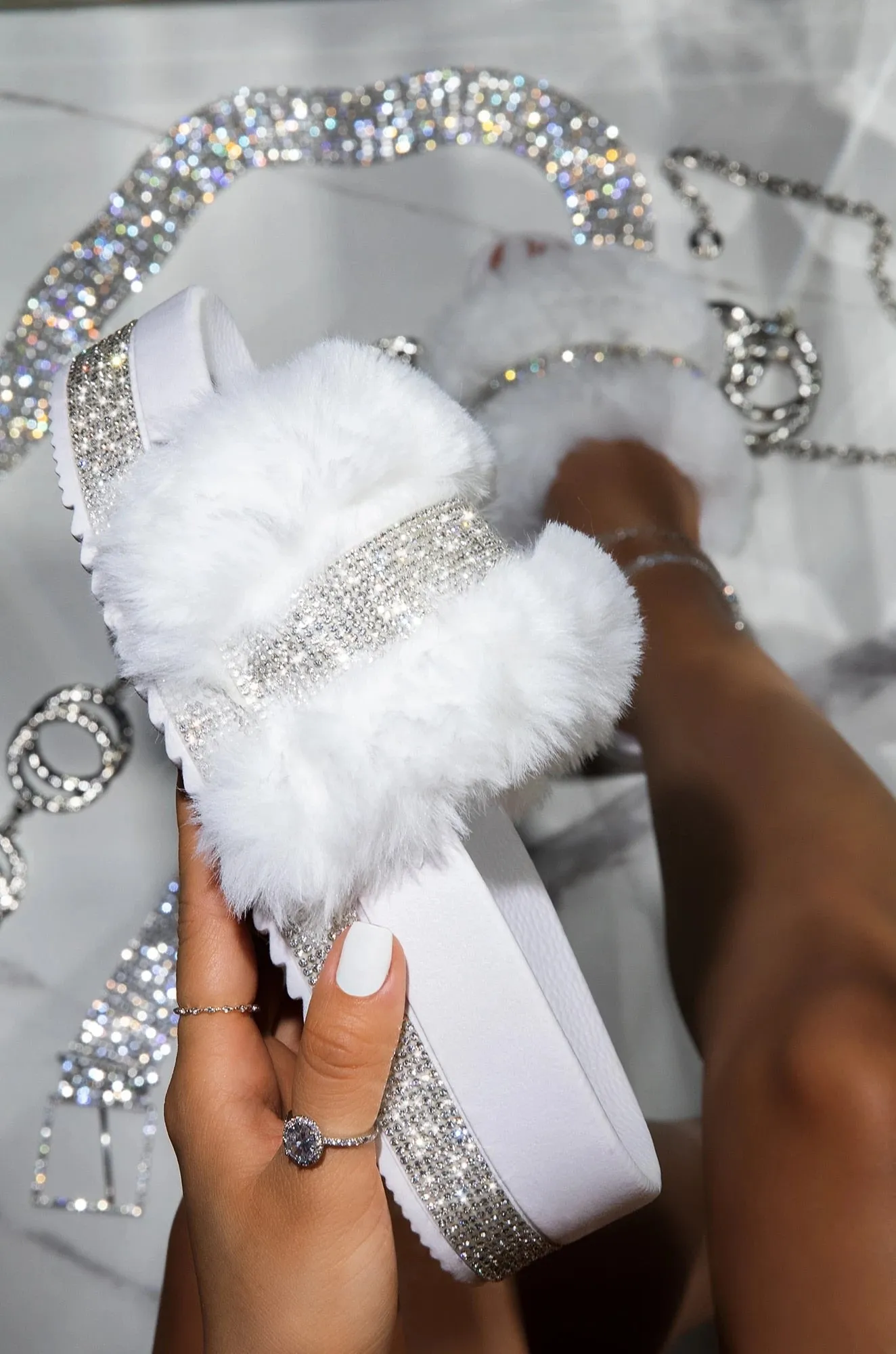Luxury Designer Women Fur Rhinestone Slippers Platform Wedges Heel