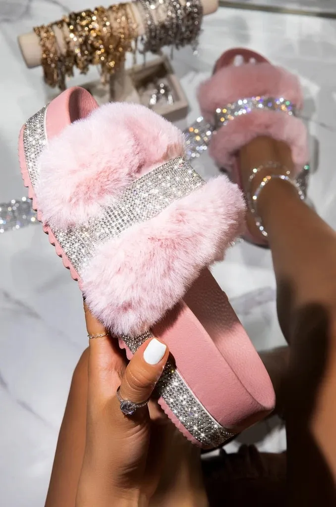 Luxury Designer Women Fur Rhinestone Slippers Platform Wedges Heel