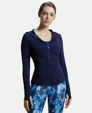 Microfiber Elastane Stretch Slim Fit Hoodie Jacket with Curved Back Hem - Peacoat