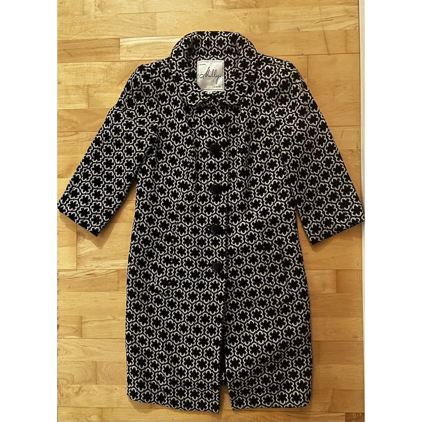 Milly Women's of New York Woven Printed Peacoat – Daisy Floral Black & White (Size 6)