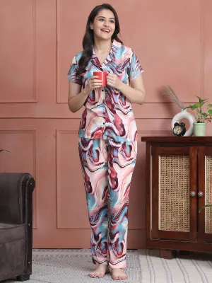 Multi Colour Abstract Printed Viscose Rayon Night Suit