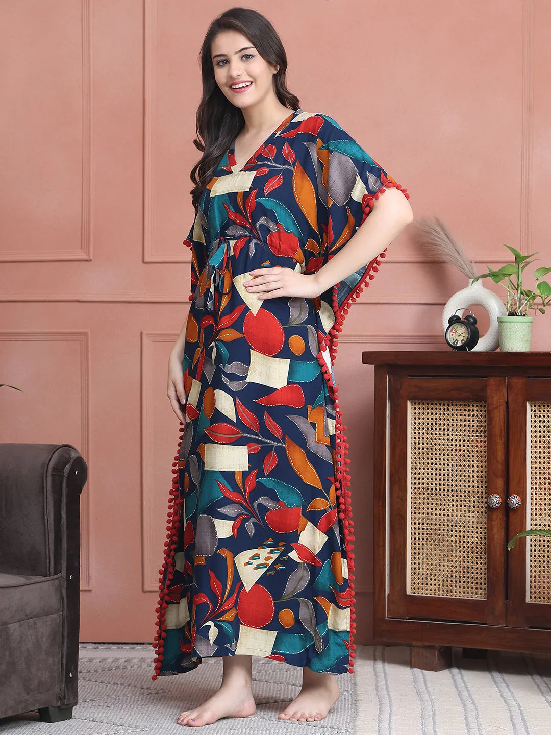 Navy Colour Abstract Printed Viscose Rayon Kaftan For Women