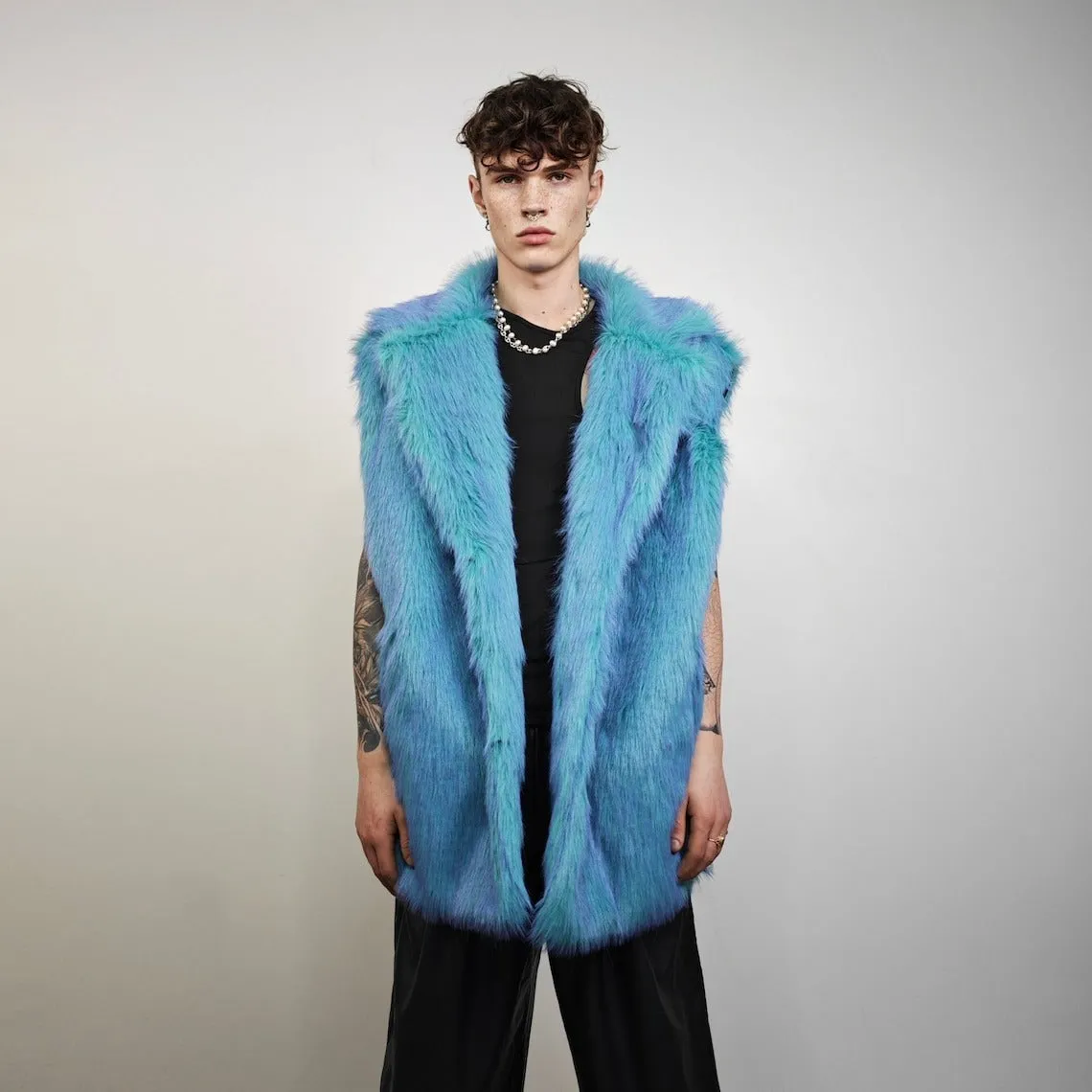 Neon blue fur coat luxury trench fluorescent psychedelic overcoat shaggy rave bomber festival luminous party jacket custom catwalk peacoat