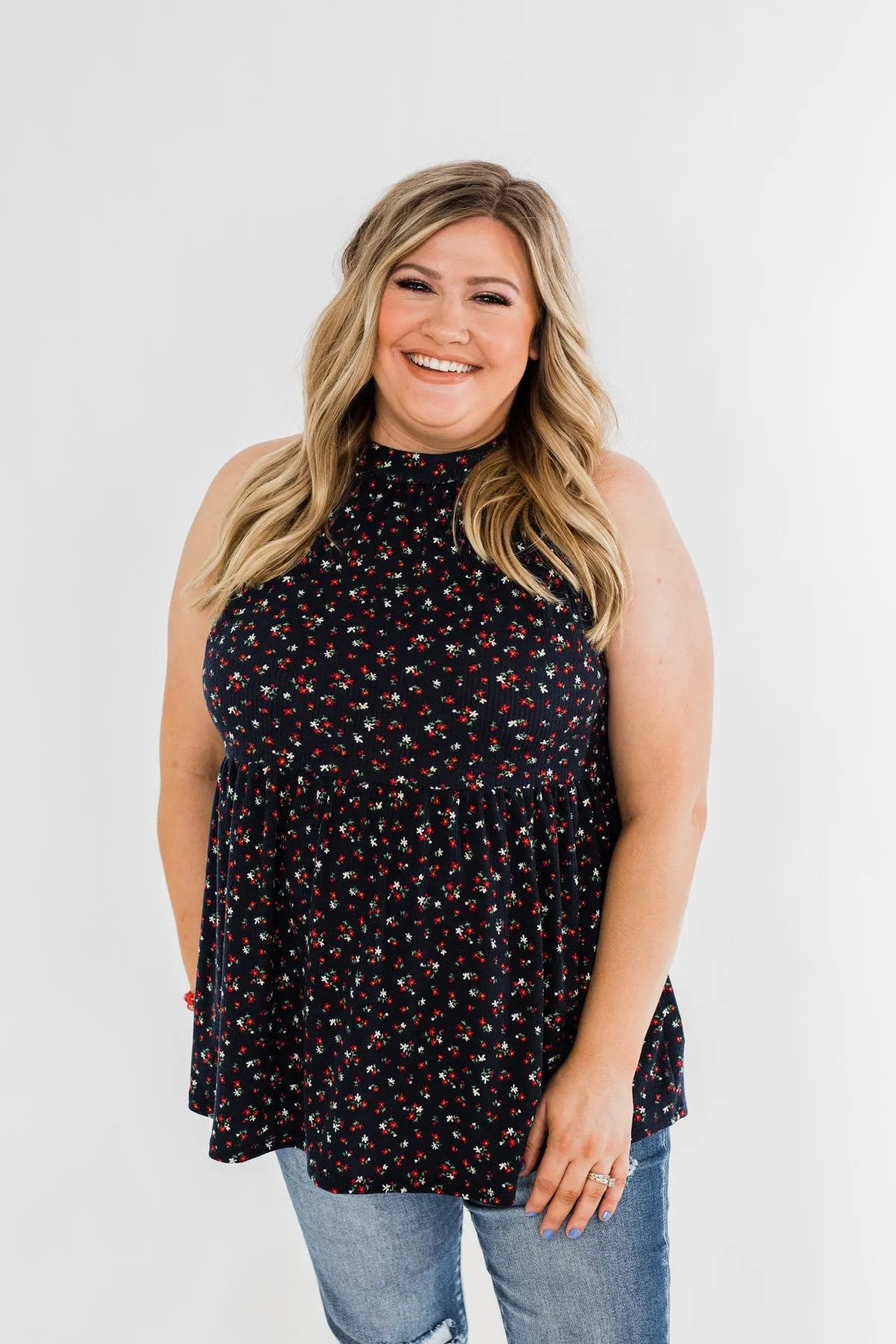 Never Say Never Floral Babydoll Tank Top- Deep Navy