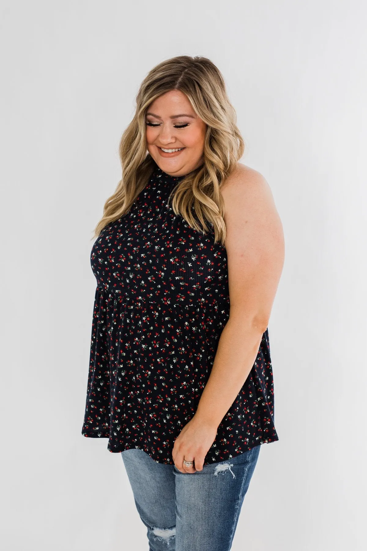 Never Say Never Floral Babydoll Tank Top- Deep Navy