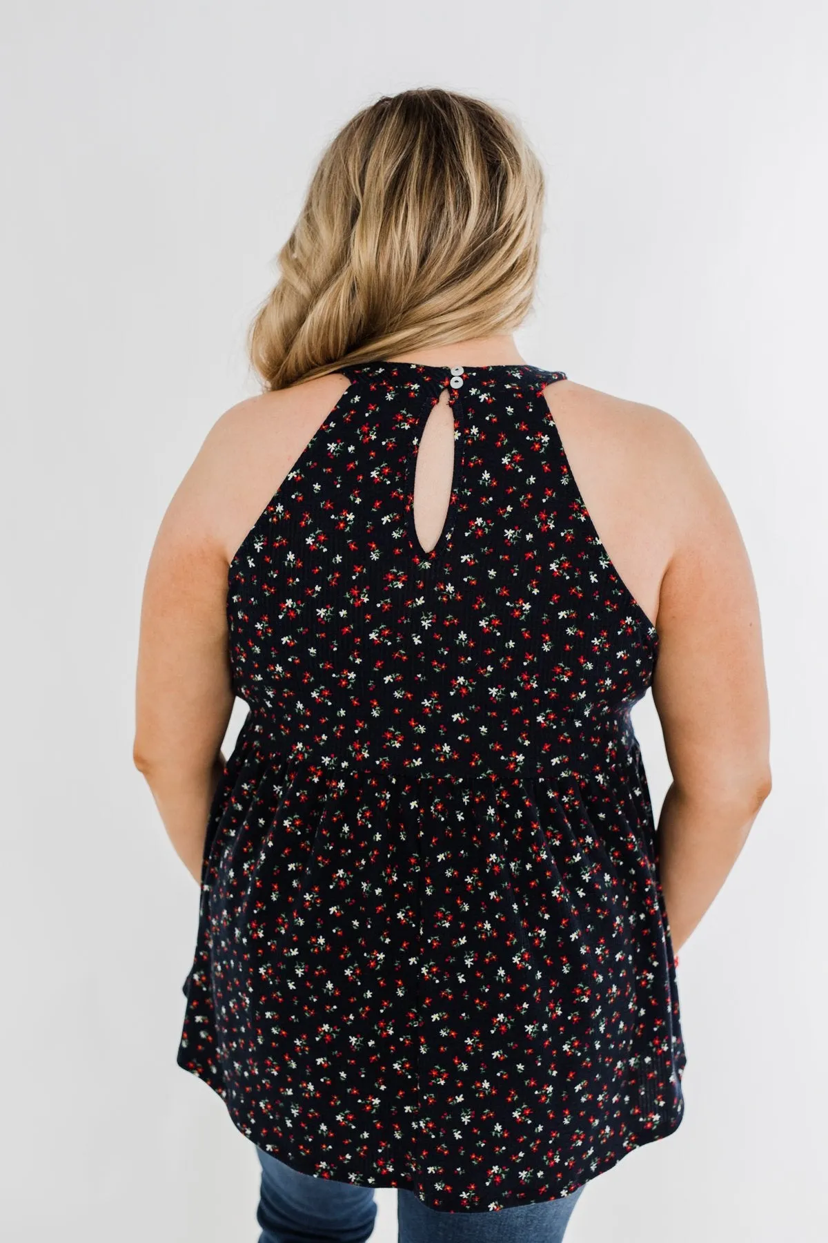 Never Say Never Floral Babydoll Tank Top- Deep Navy