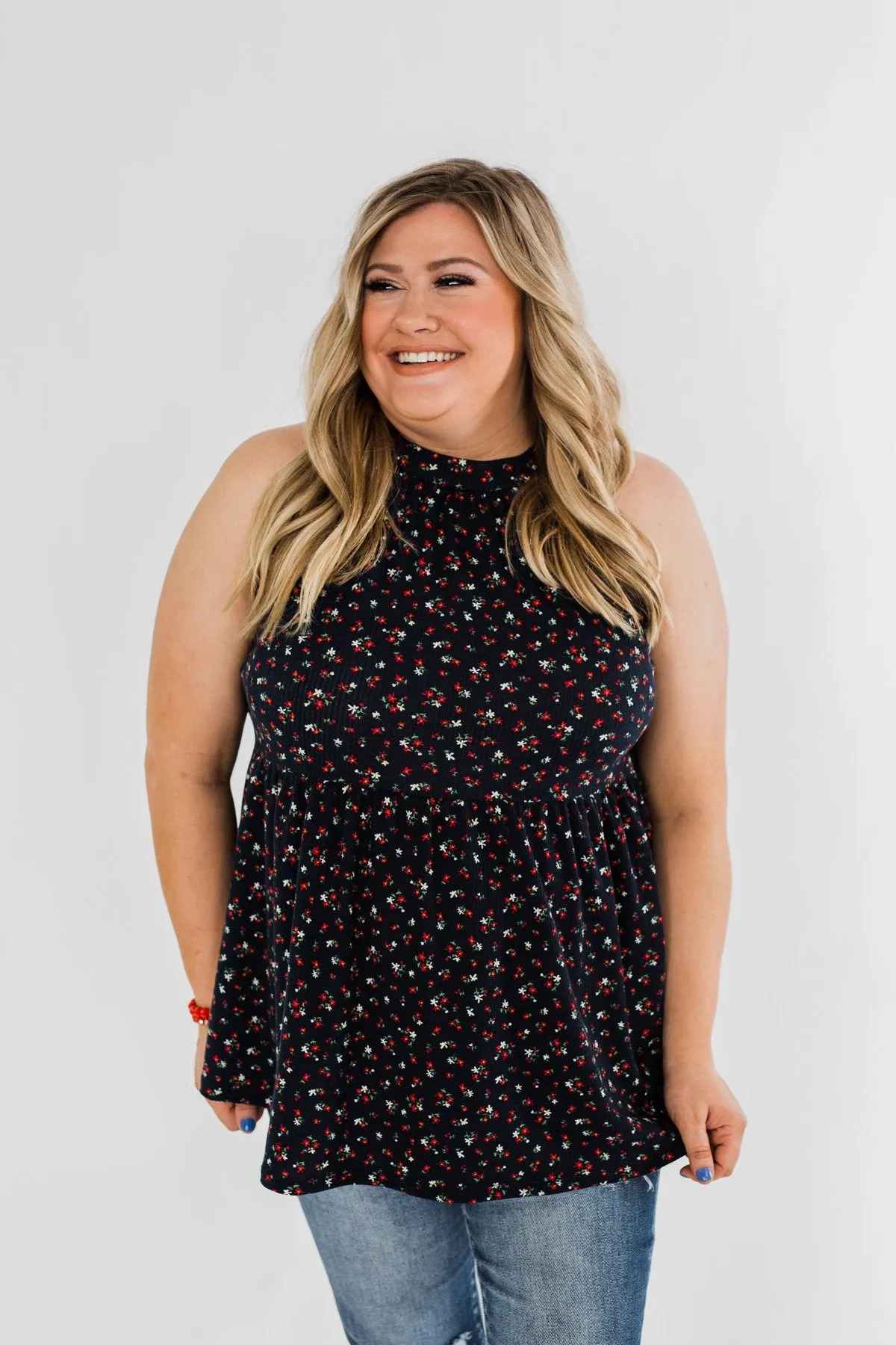 Never Say Never Floral Babydoll Tank Top- Deep Navy