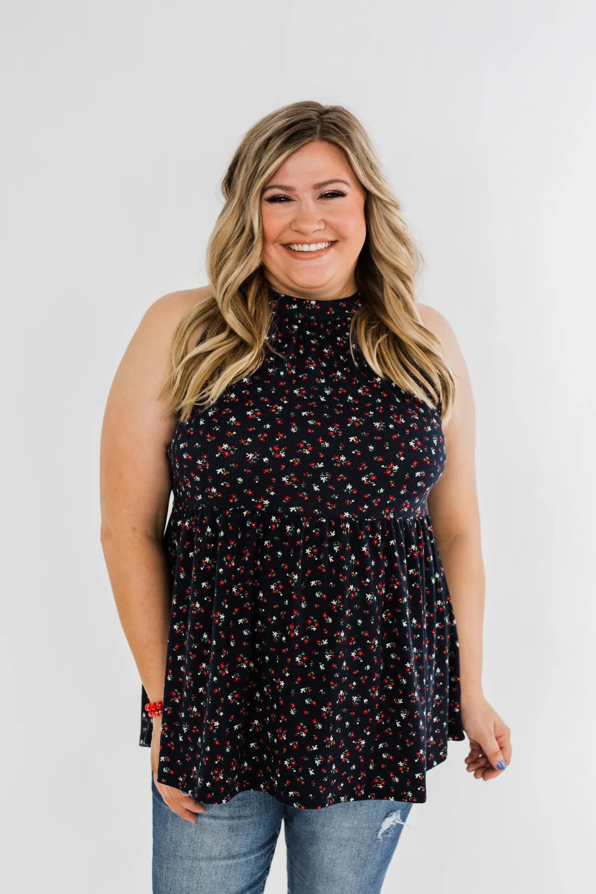 Never Say Never Floral Babydoll Tank Top- Deep Navy