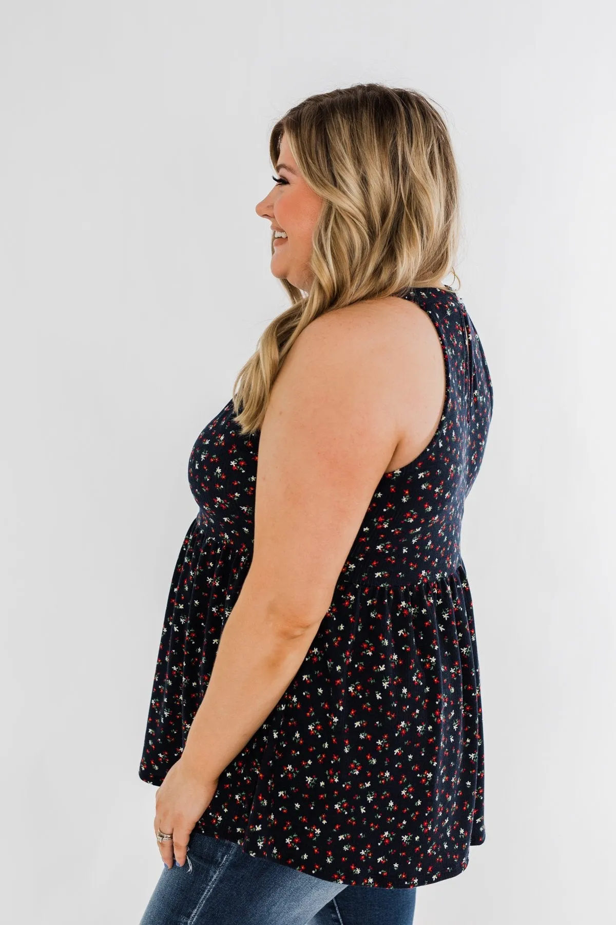 Never Say Never Floral Babydoll Tank Top- Deep Navy