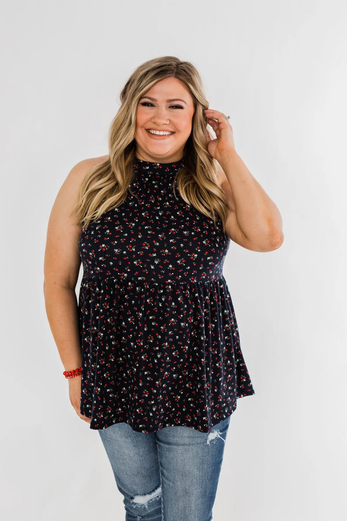 Never Say Never Floral Babydoll Tank Top- Deep Navy