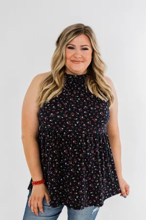 Never Say Never Floral Babydoll Tank Top- Deep Navy