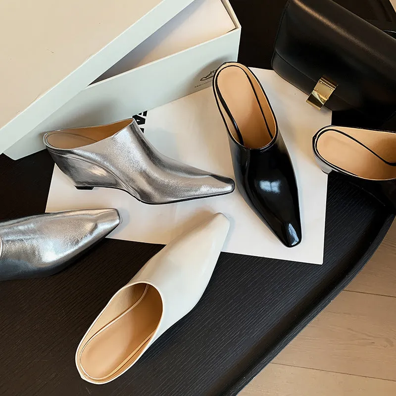 NEW & INSTOCK - Korean Leather Slippers Muller Shoes in Black, Silver and Beige