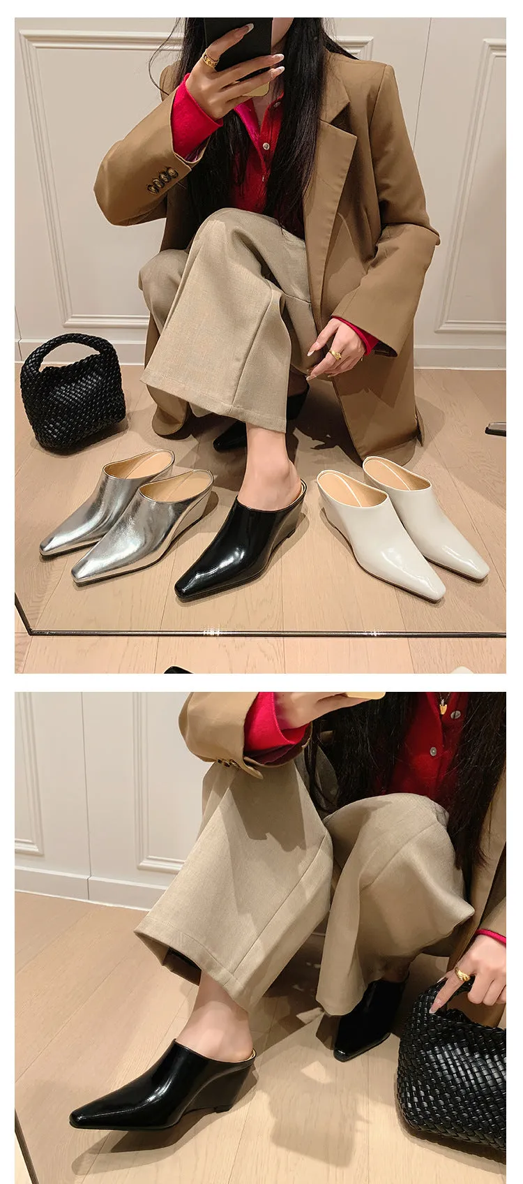 NEW & INSTOCK - Korean Leather Slippers Muller Shoes in Black, Silver and Beige