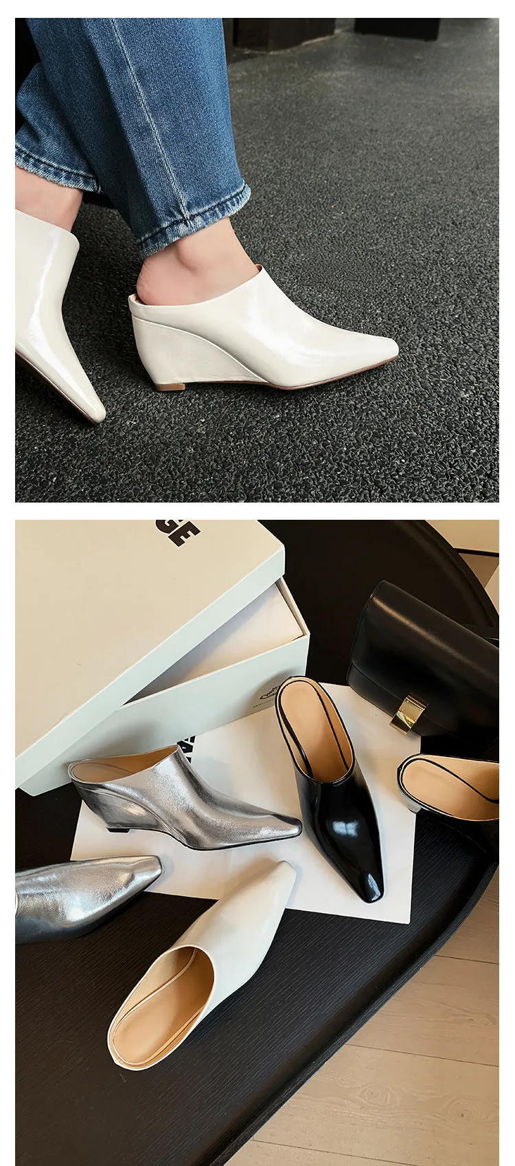 NEW & INSTOCK - Korean Leather Slippers Muller Shoes in Black, Silver and Beige