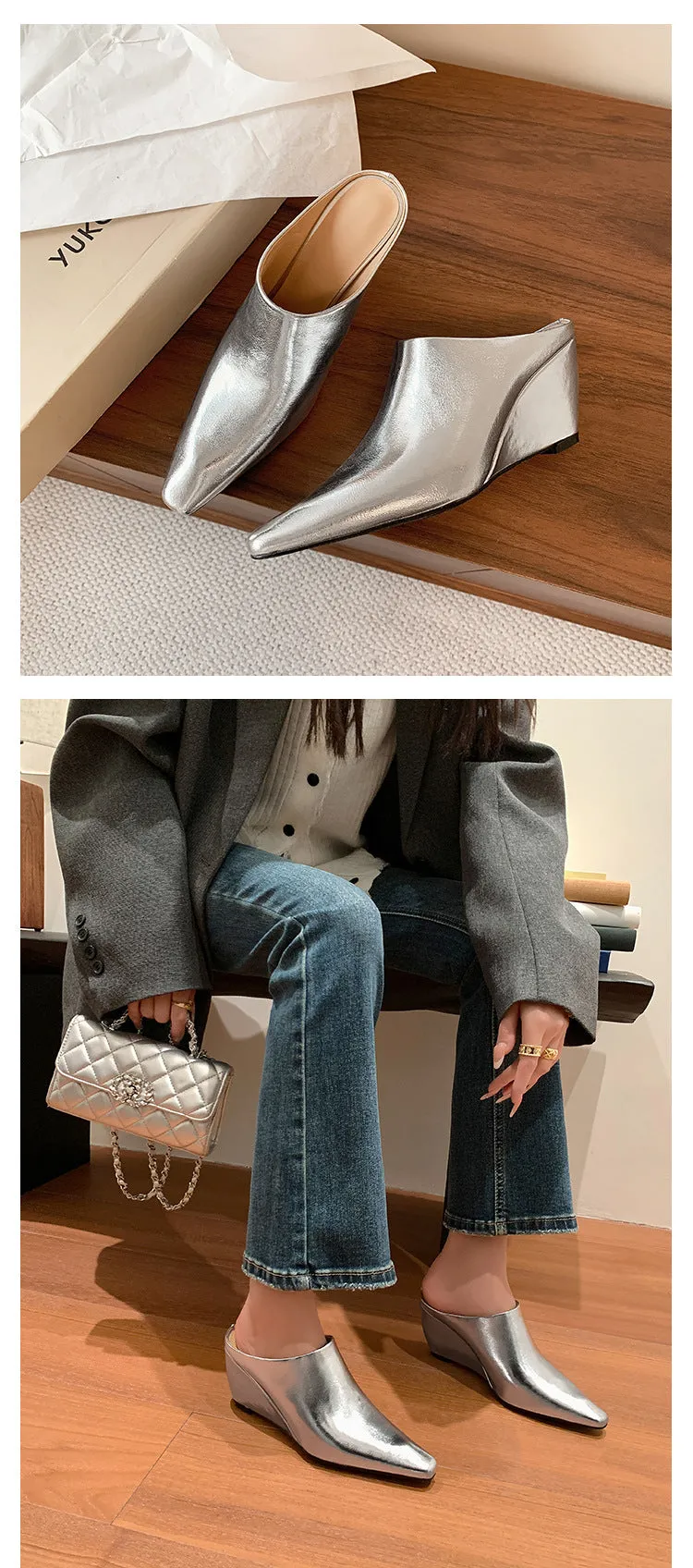 NEW & INSTOCK - Korean Leather Slippers Muller Shoes in Black, Silver and Beige