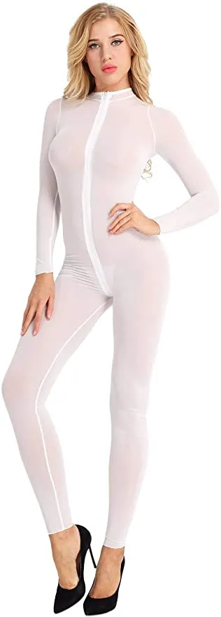 New YOOJIA Womens Sexy Sheer Ultra Thin Full Body Bodysuit Zipper Crotch Romper Jumpsuit, Sz L!