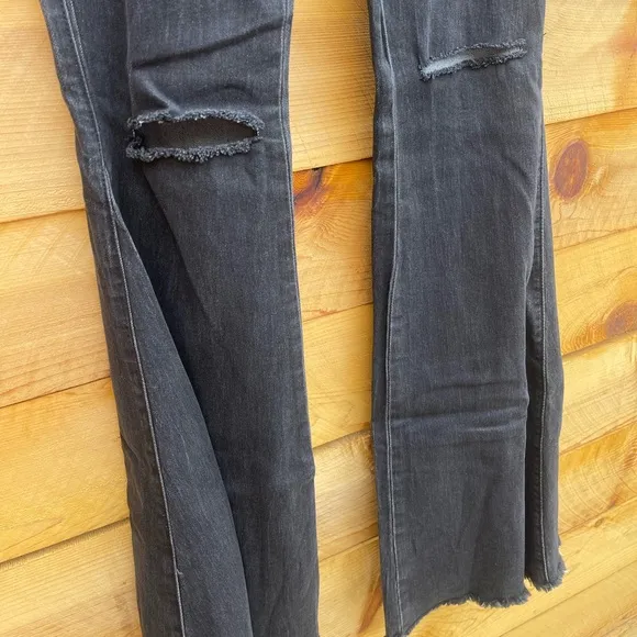 Newbury Kustom Retro Jeans Womens Charcoal Black Wash‎ Pull On Flared Elastic