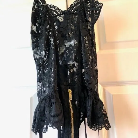 NWT ANN SUMMERS Taylor Black Lace Teddy Bodysuit Gold Zipper &amp; Garter SM