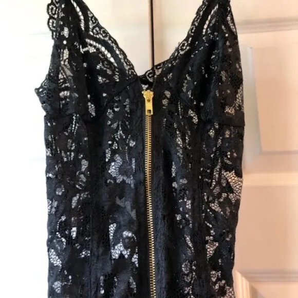 NWT ANN SUMMERS Taylor Black Lace Teddy Bodysuit Gold Zipper &amp; Garter SM
