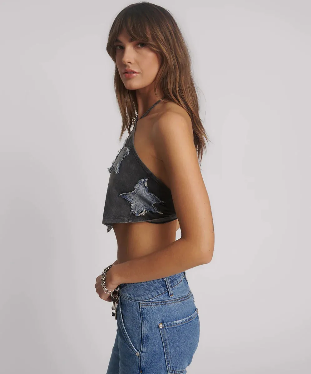 One Teaspoon - Applique Star Halter Crop Top - Washed Black