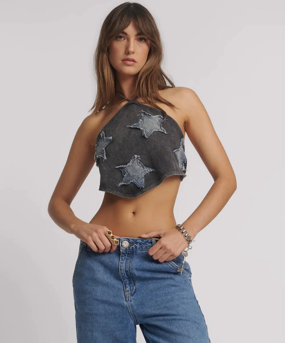 One Teaspoon - Applique Star Halter Crop Top - Washed Black