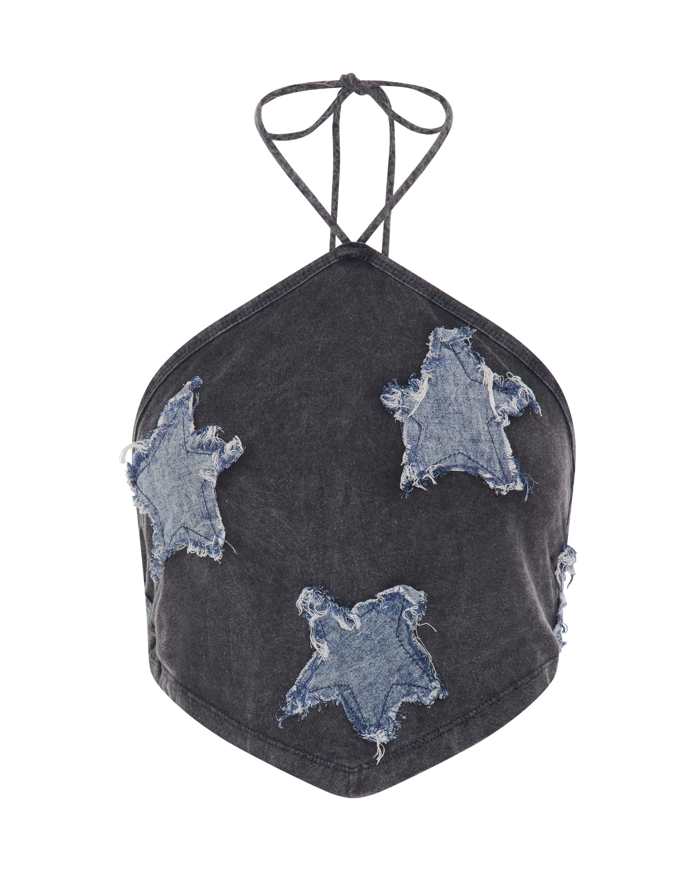 One Teaspoon - Applique Star Halter Crop Top - Washed Black