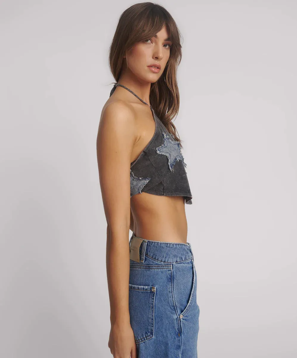 One Teaspoon - Applique Star Halter Crop Top - Washed Black