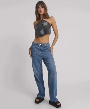 One Teaspoon - Applique Star Halter Crop Top - Washed Black